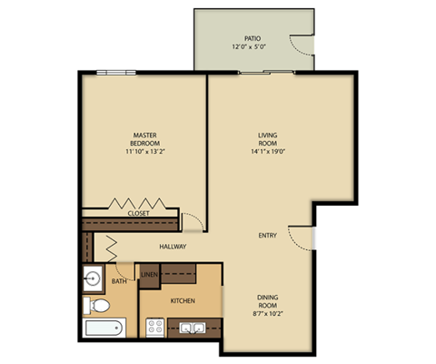 A floor plan of a house with a master bedroom, a living room, a dining room, a kitchen, a bathroom, a closet, and a patio.